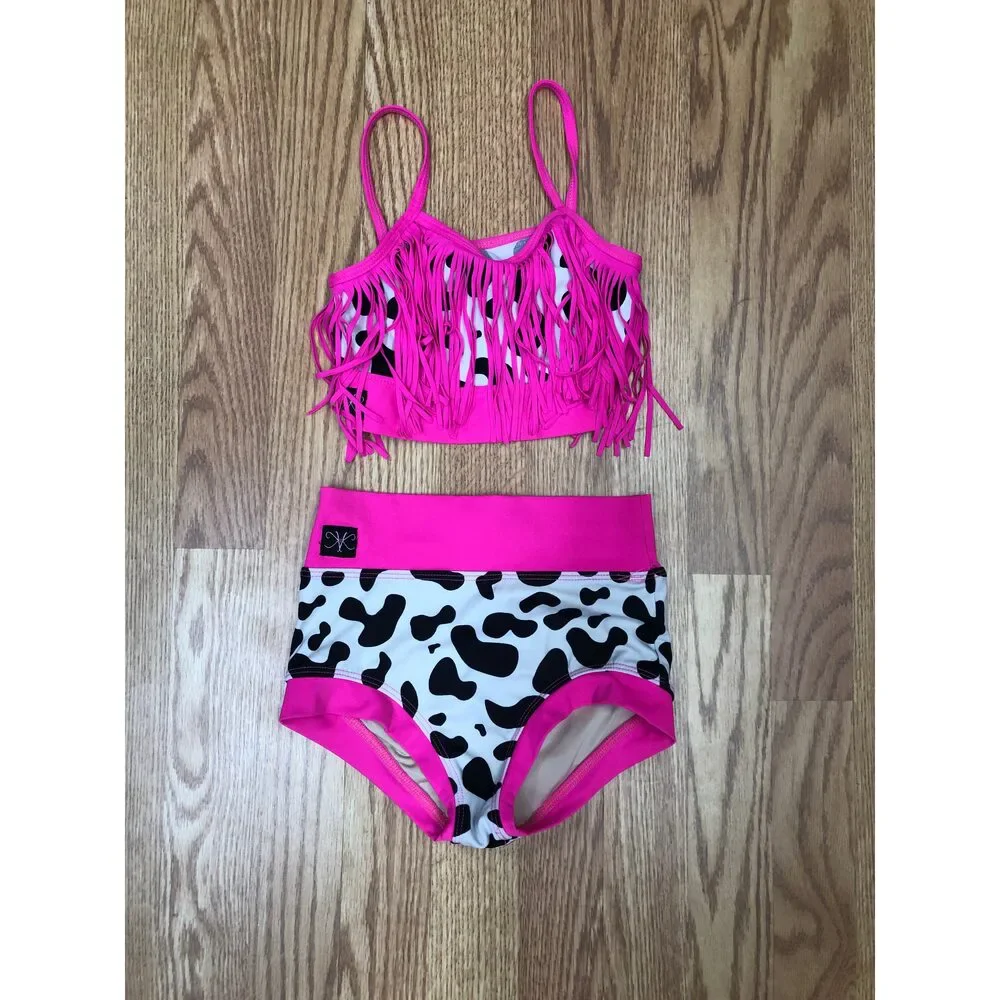 Pre-Owned Dance Crop Top/Shorts Set Kandi Kouture XL Child Pink Cow Fringe Jazz